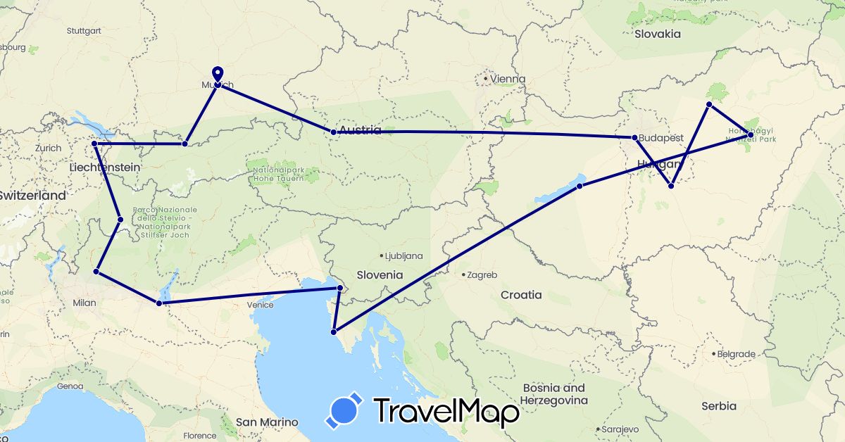 TravelMap itinerary: driving in Austria, Switzerland, Germany, Croatia, Hungary, Italy (Europe)
