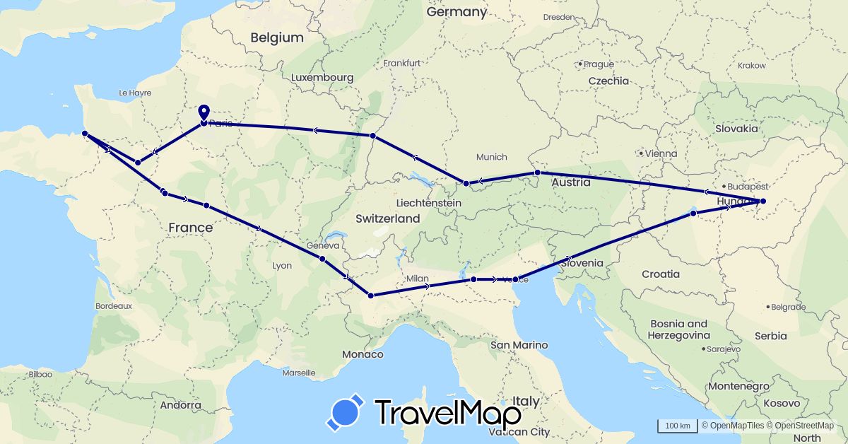 TravelMap itinerary: driving in Austria, Germany, France, Hungary, Italy (Europe)